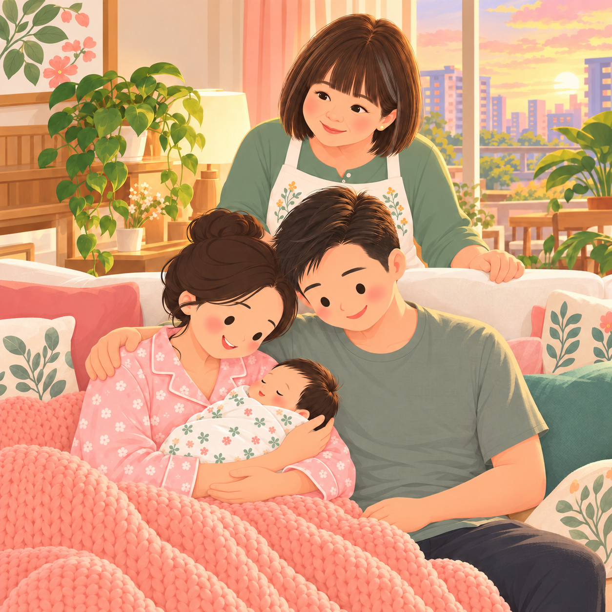 Illustration: a dad holding his newborn with mum beside him, while May Leng smiles behind them