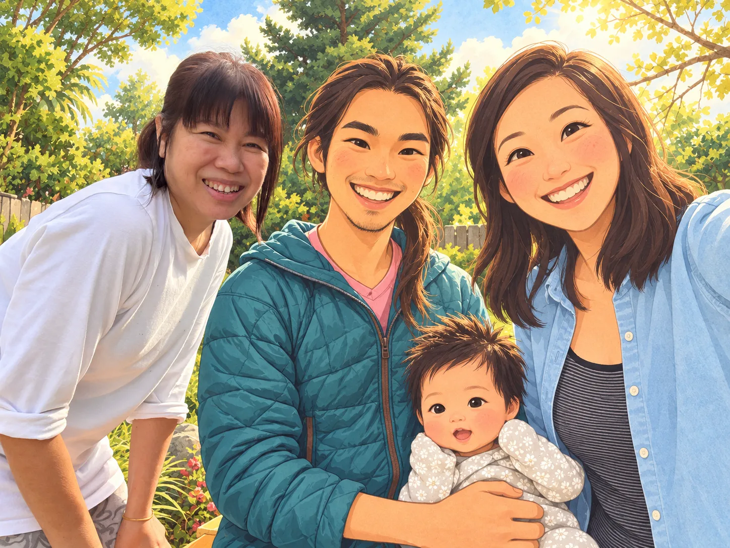 May Leng smiling with a mum and her newborn in the garden