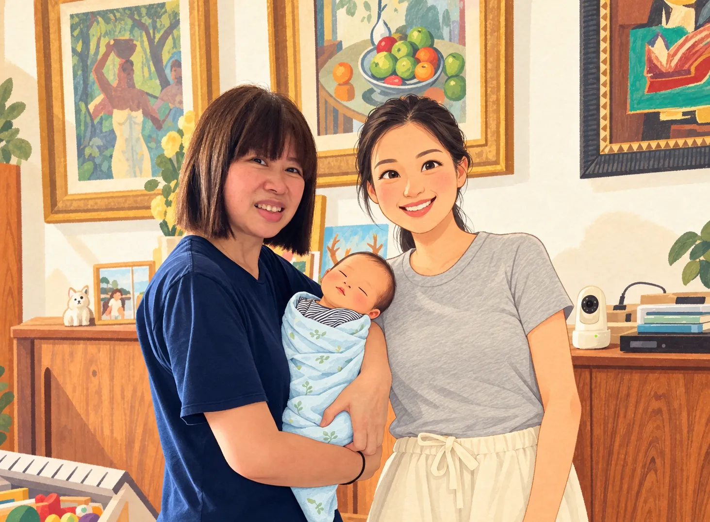 May Leng cradling a swaddled newborn