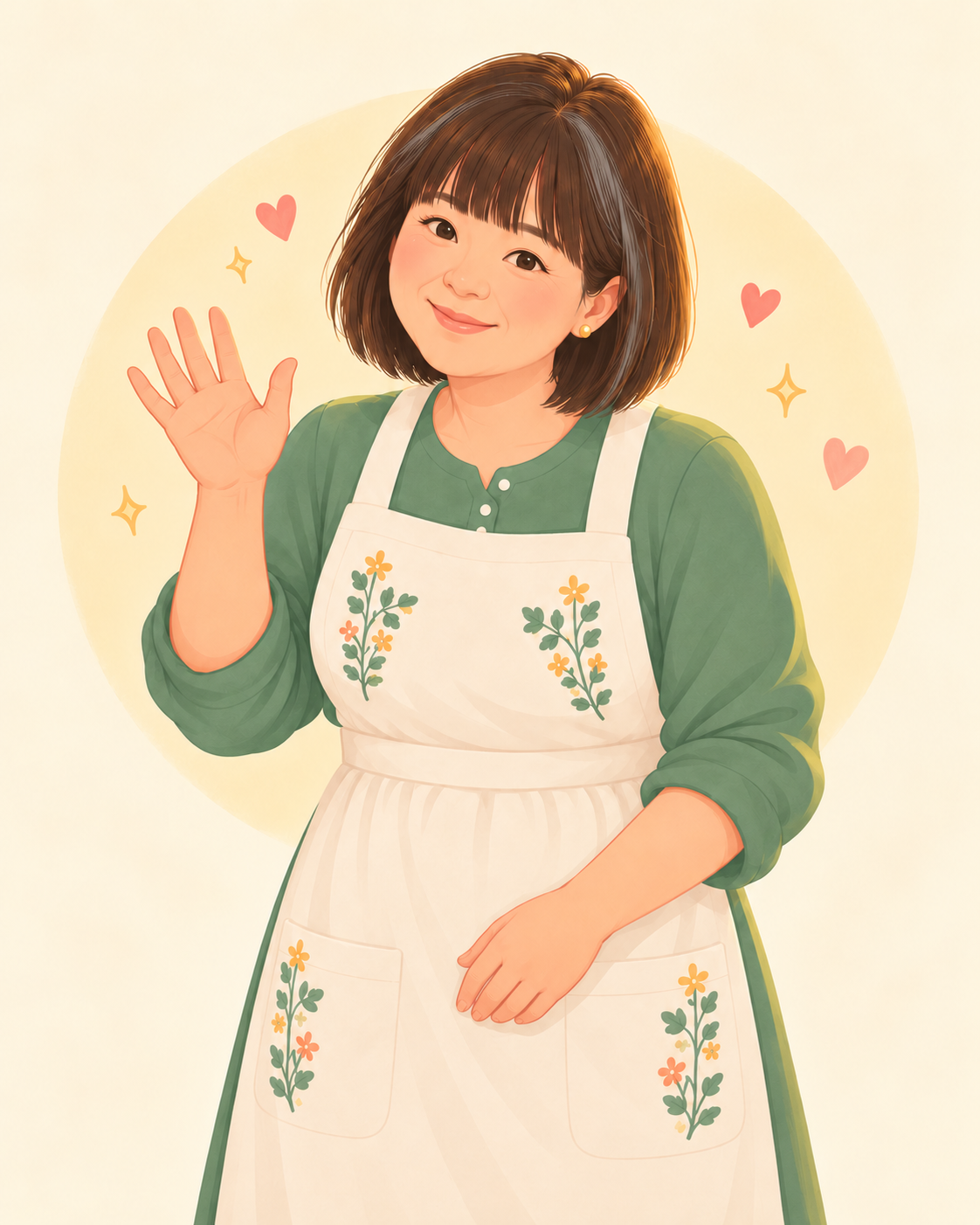 Cartoon portrait of May Leng waving hello